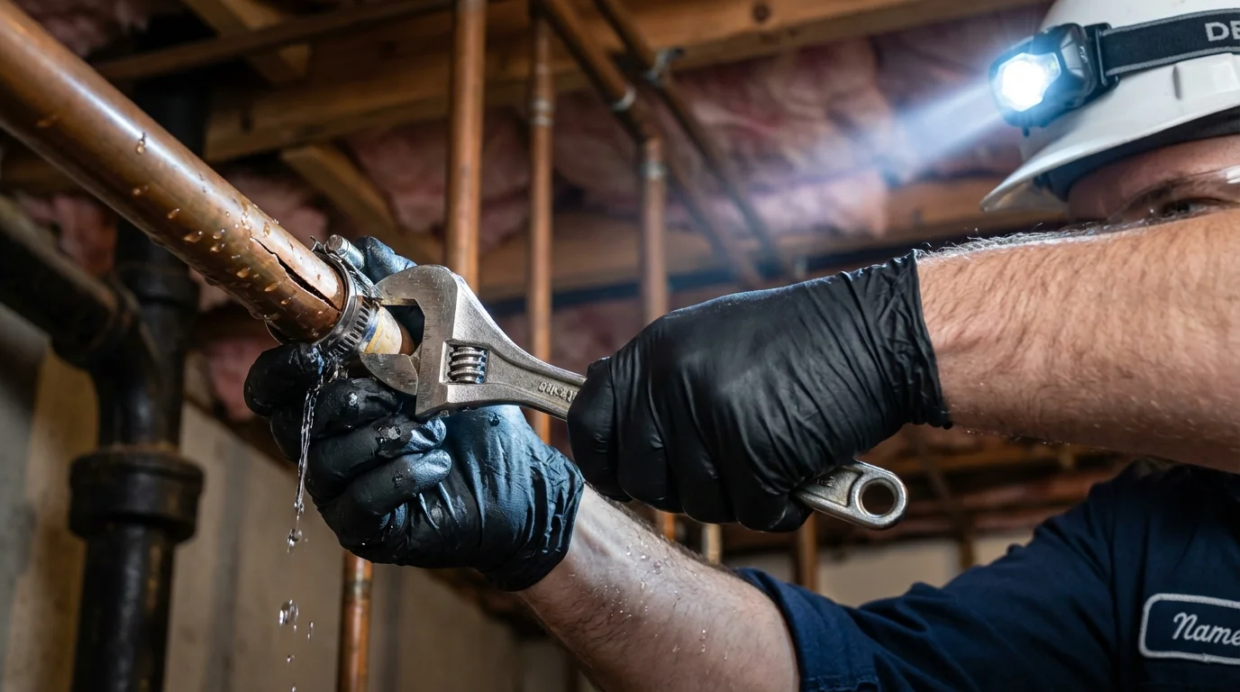 Emergency pipe clamp repair being performed by a Johns Plumbing LLC plumber in Mercedes