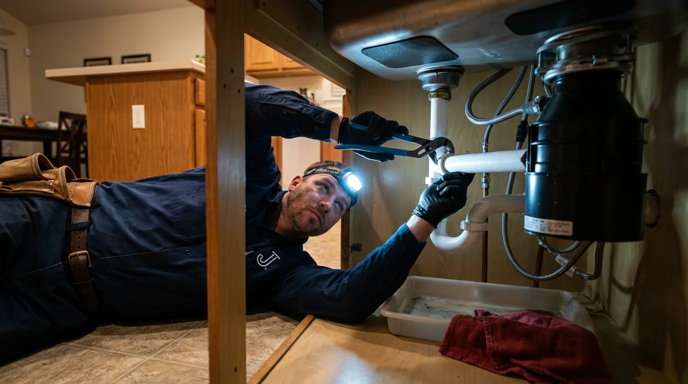 P-trap and supply line connections under a kitchen sink showing a common leak point in Mercedes, TX
